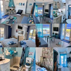 a collage of four pictures of a room at Upper Deck Apt. in Nea Peramos