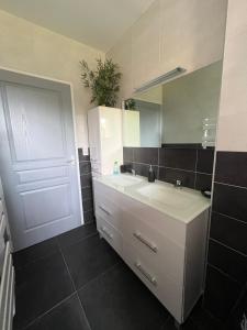 y baño con lavabo blanco y espejo. en Chambres d'Hôtes chez Estelle, en Crêches-sur-Saône