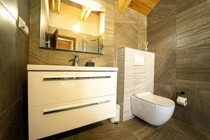 a bathroom with a toilet and a sink and a mirror at Chalets Belianky - WELLNESS in Ždiar +34 photos