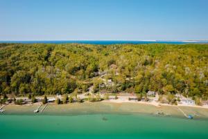 an aerial view of an island in the water at Chimney Corners Resort in Frankfort