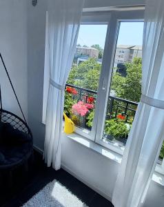 Cette chambre dispose d'un balcon avec une fenêtre fleurie. dans l'établissement 33 Coquette Apartment, à Baia Mare