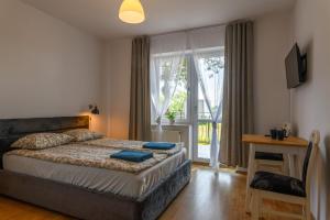 a bedroom with a bed and a large window at Rubin-Chłapowo in Władysławowo