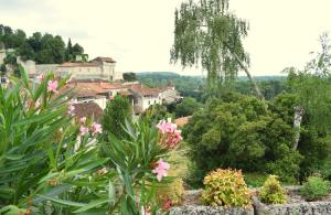 a view of a town from a garden with flowers at La Maison du Tourniquet in Aubeterre-sur-Dronne