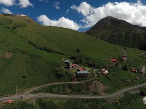 un camino sinuoso en una colina verde con una montaña en Hotel Veshagi, en Juta