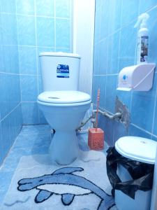 bagno piastrellato blu con servizi igienici e lavandino di Dasha Guest House 2 a Naryn