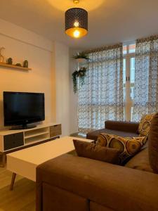 uma sala de estar com um sofá e uma televisão de ecrã plano em Ideal apartamento en el Barrio de las Delicias em Málaga