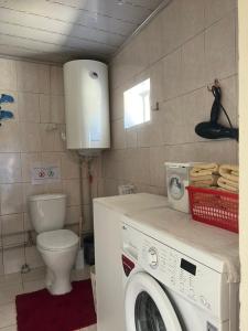 a bathroom with a washing machine and a toilet at The Nest Hostel in Karakol