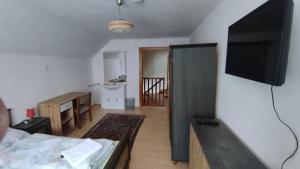 穆劳Steinadler apartman kertes ház csendes helyen saját parkolóval kutyabarát的客厅配有床和平面电视