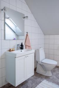 een badkamer met een toilet, een wastafel en een spiegel bij Trerummare med panoramautsikt och balkong i Visby innerstad in Visby