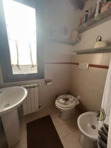 een badkamer met een wastafel, een toilet en een raam bij Piccolo Fienile in Calcinaia