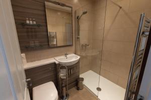 a bathroom with a toilet and a sink and a shower at Scalloway Hotel in Scalloway +3 photos