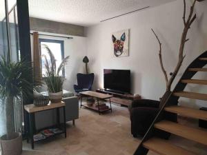 sala de estar con sofá y TV en La Remise des Amis - Maison rénovée au calme, en Peyriac-de-Mer