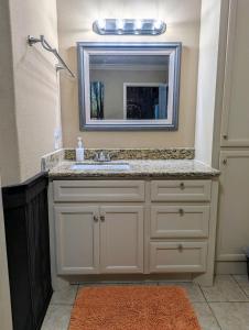 a bathroom with a sink and a mirror at Cozy Barn with Pool Access & Near Lake Conroe in Montgomery