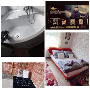 un collage de fotos de una bañera y un dormitorio en Imádni Való Sarokkádas Apartman Salgótarján belvárosában, en Salgótarján