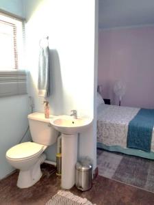 Glen AustinにあるTravelNest Tranquility Tiny homeのバスルーム(トイレ、洗面台、ベッド付)