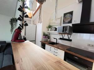 a kitchen with a wooden counter top in a room at Ferienwohnungen Krüger 'Apartment Luke' in Michelstadt