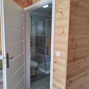 a bathroom with a toilet and a glass shower door at Domki Letniskowe Meduza in Jarosławiec +49 photos