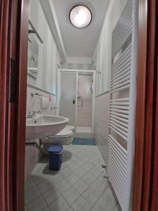 La salle de bains est pourvue de toilettes, d'un lavabo et d'une douche. dans l'établissement Appartamento incantevole a Massarosa tra Viareggio e Lucca, à Massarosa