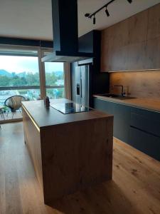 a kitchen with a island in the middle of a room at Luxury Apartment Ljubljana in Ljubljana
