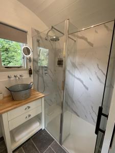 a bathroom with a glass shower with a sink at Gillan Creek Retreat in Helston