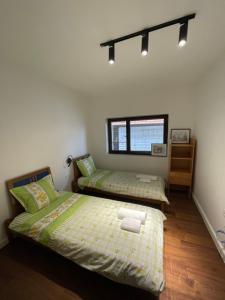 1 dormitorio con 2 camas y ventana en Stefan's Cozy Skopje House en Skopie