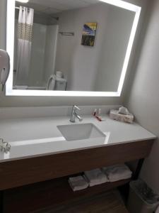 a bathroom with a sink and a large mirror at Days Inn by Wyndham Vineland in Vineland