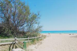 una spiaggia sabbiosa con recinzione in legno e oceano di Casa al mare Le Campanelle a Marina di Pescoluse