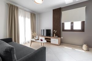 a living room with a couch and a tv at Naxos Alma House in Naxos Chora