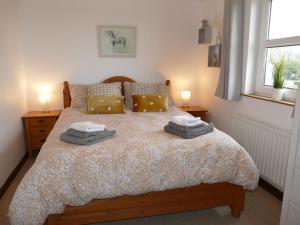 a bedroom with a bed with two lamps and a window at Carol Cottage in Newry
