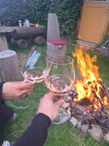 two people holding wine glasses in front of a fire at Erlebnisbauernhof Gutschi Ranch in Kamp