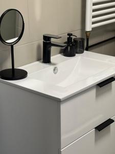 un lavandino bianco con specchio in bagno di Apartmán Opava s parkováním a Opava