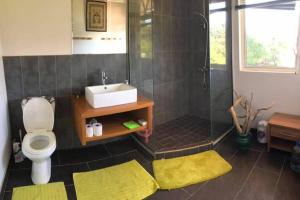 e bagno con lavandino, servizi igienici e doccia. di Te Mana Lodge a Taravao Altre 10 foto