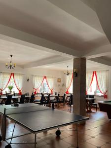a room with a ping pong table and chairs at Pensiunea Andora in Moieciu de Jos