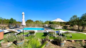 a pool with a bunch of chairs and an umbrella at CAN DAMIA 3 in Cala Saona