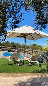 two chairs and an umbrella next to a pool at CAN DAMIA 3 in Cala Saona