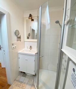 La salle de bains blanche est pourvue d'un lavabo et d'une douche. dans l'établissement Deichhaus No.5, à Büsum