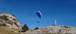een persoon die met een parachute over een berg vliegt bij Apartment Weinberg by Apartment Managers in Kirchberg in Tirol