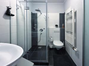 a bathroom with a glass shower and a toilet at Hétvezér Penthouse Apartments in Szeged +29 photos