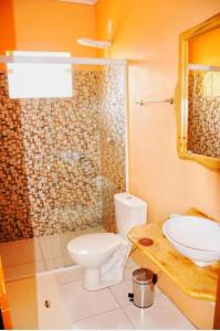 a bathroom with a toilet and a sink and a shower at Pousada Encanto dos Cânions in Cambara do Sul
