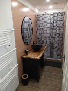 uma casa de banho com um lavatório, um espelho e um chuveiro em LA MAISON D'AUXANNE em Giffaumont