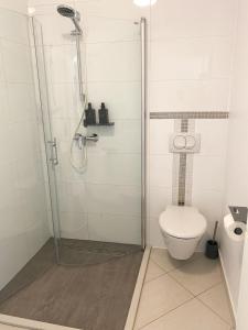 a bathroom with a shower and a toilet at Tijara Apartment in Rijeka +14 photos