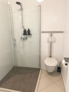 a bathroom with a shower and a toilet at Tijara Apartment in Rijeka