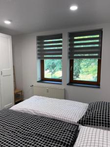 sypialnia z łóżkiem i 2 oknami z żaluzjami w obiekcie Zentrale Ferienwohnung w mieście Eisenach
