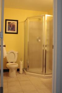 une salle de bains avec toilettes et douche en verre dans l'établissement Beach Fantasy Apartment Suites, à Old Orchard Beach 15 autres photos