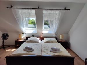 a bedroom with two beds and two windows at Pension Weidengrund in Walsrode