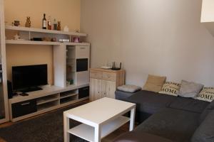 een woonkamer met een bank en een tv bij Apartment in Boedapest