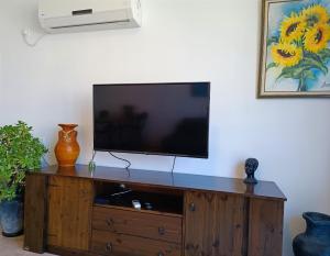 een flatscreen-tv bovenop een houten entertainmentcentrum bij By the Sea in Ashkelon