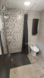 uma casa de banho com um chuveiro e um WC. em CASA INDEPENDIENTE SUANCES - 800m2 de jardín - Parking - Wifi5G em Cortiguera