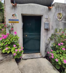ミノーリにあるEden tra i limoniのピンクの花の建物の緑の扉