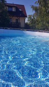 basen z błękitną wodą z domem w tle w obiekcie Oaza w mieście Gołubie